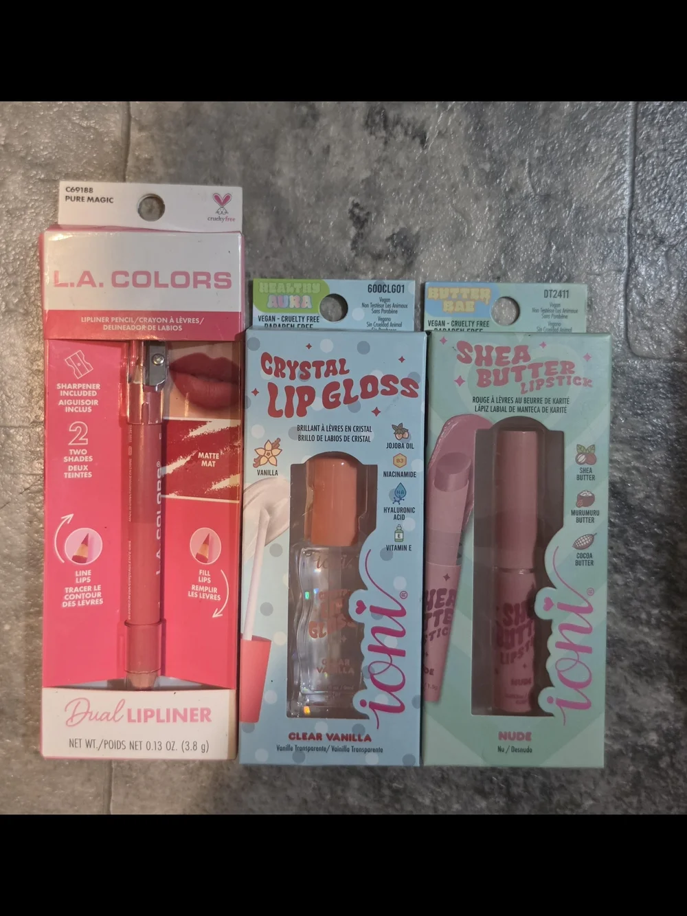 L.A. COLORS Lipliner, Ioni Crystal Lip Gloss & Shea Butter Lipstick Set - BNIB